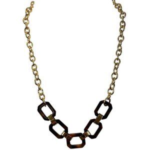 Womens Fashion Tortoise Shell Gold Tone Link Necklace w 5 Tortoise Links NEW
